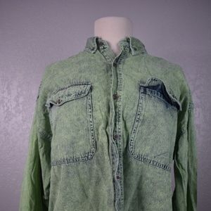 AWE l Green Acid Wash Distressed Button Up Shirt